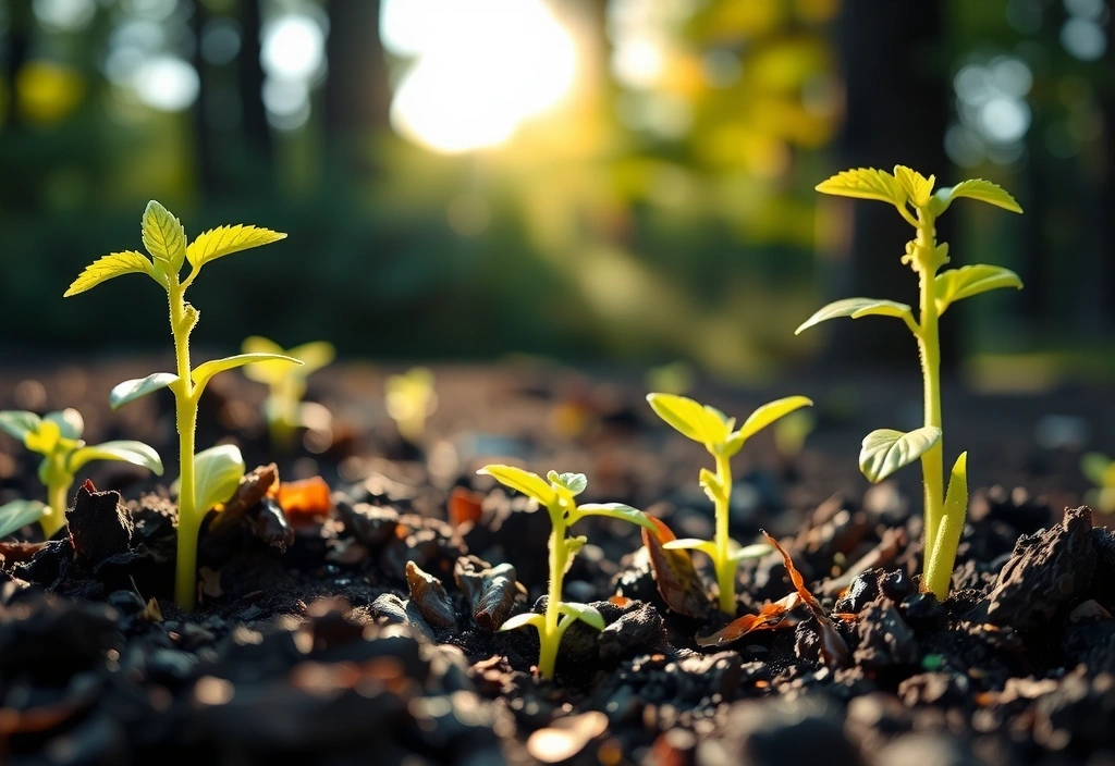 Alberi giovani piantati in un terreno fertile, simbolo di riforestazione e crescita sostenibile
