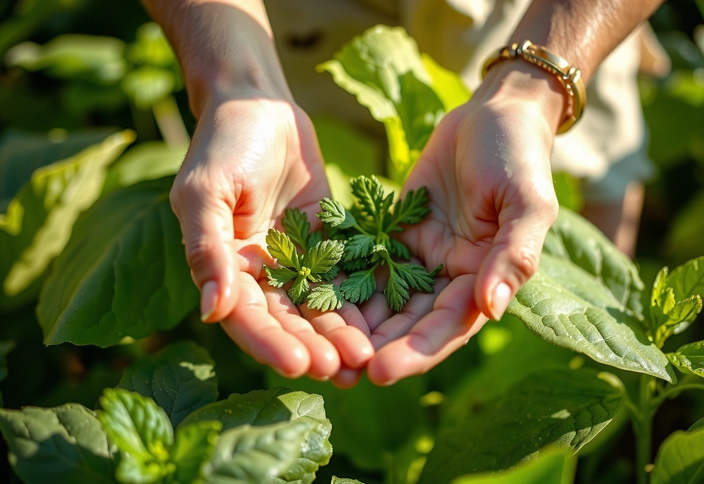Mani che raccolgono erbe fresche, simbolo di purezza e natura
